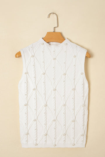 White Pearled High Neck Textured Knit Sweater Vest eAura