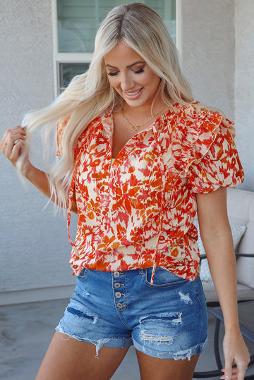Orange Floral Print Ruffled Short Puff Sleeve Split Neck Blouse BB Fashion Outlet
