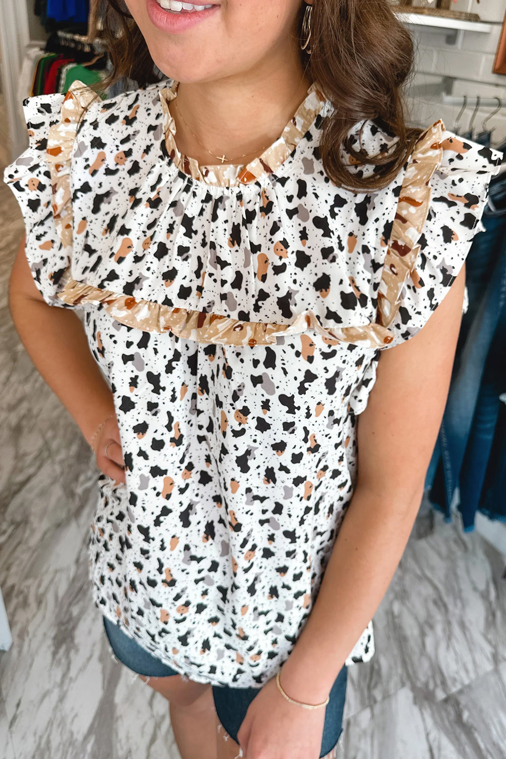 White Frilly Trim Leopard Animal Spots Blouse eAura