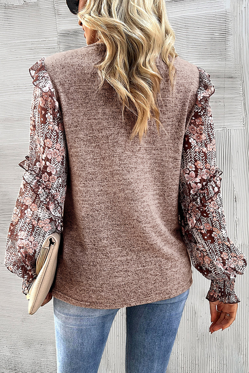 Pale Chestnut Ruffle Tiered Floral Sleeve Crew Neck Blouse eAura