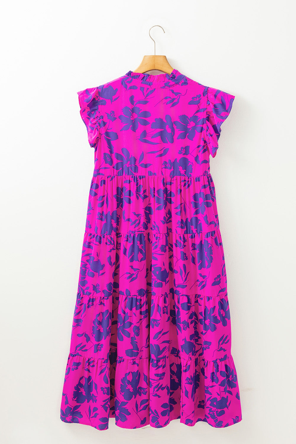 Rose Floral Print Tiered Frilled Trim Flutter Sleeve Maxi Dress eAura