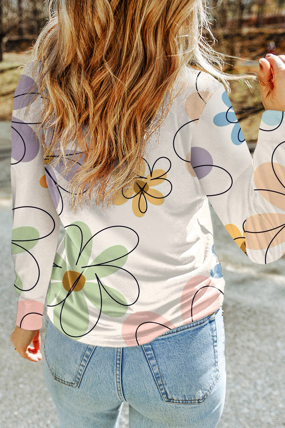 Beige Flower Print Crew Neck Long Sleeve T Shirt eAura
