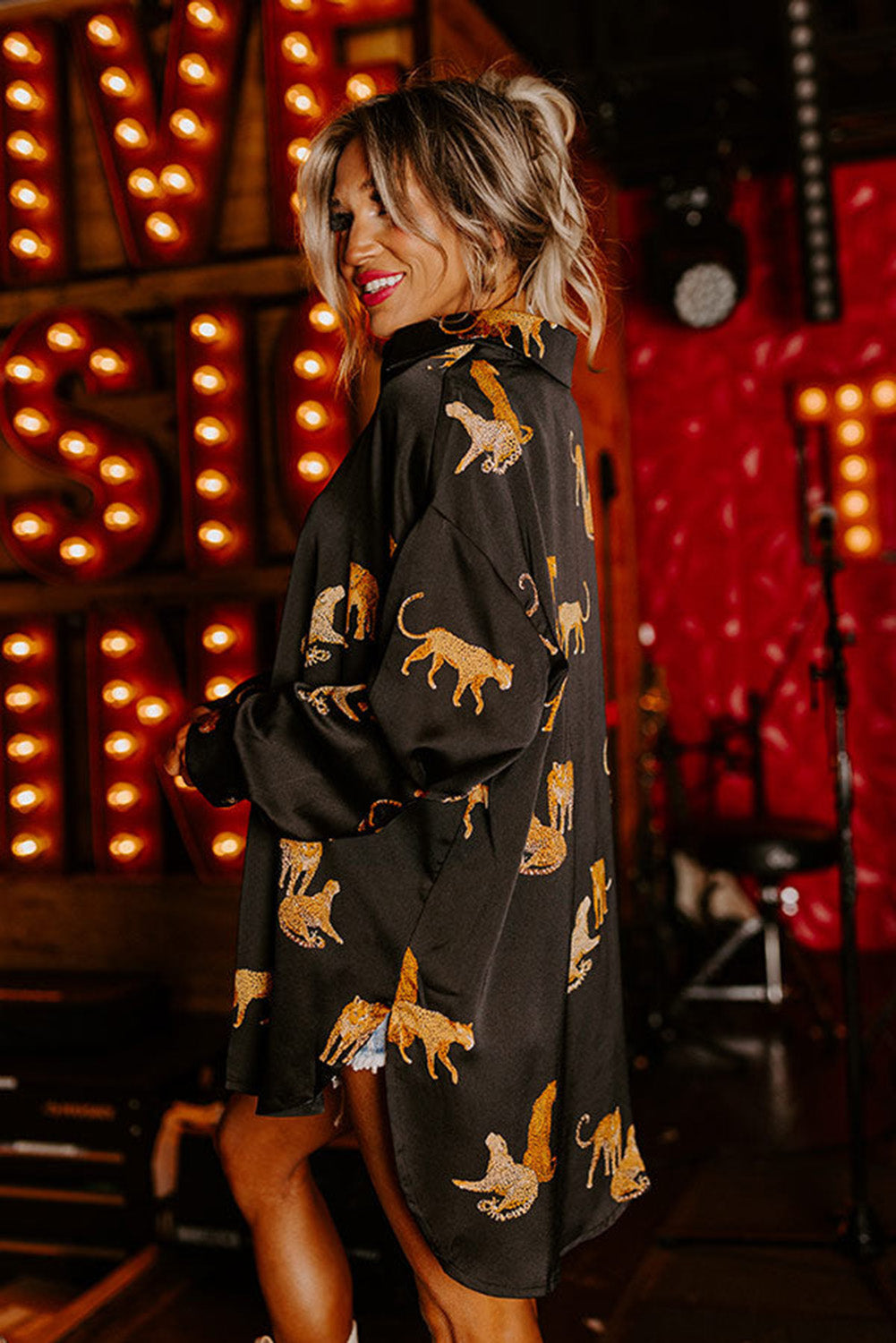 Black Cheetah Animal Print Button Up Satin Shirt eAura
