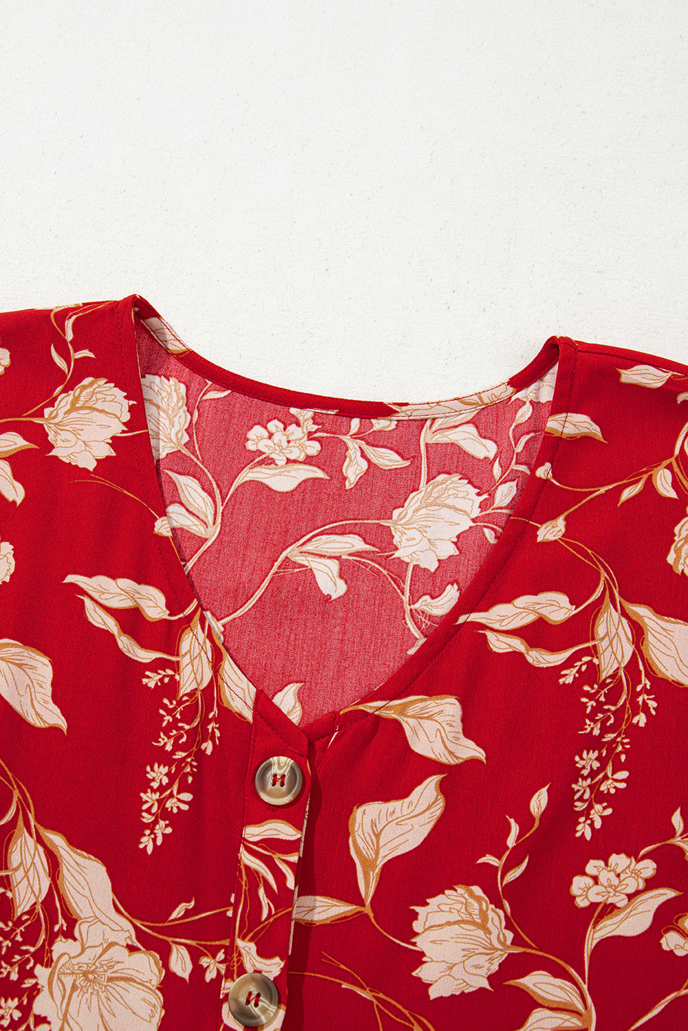 Red Floral Print Buttoned Front V Neck Tiered Short Sleeve Maxi Dress eAura