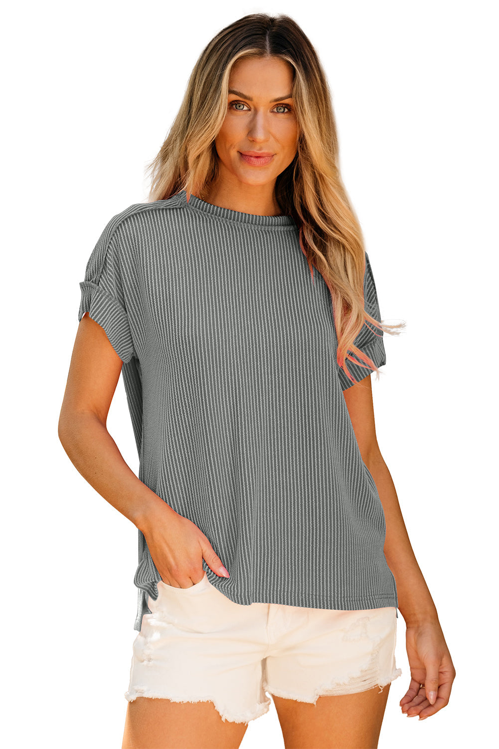 Textured Knit Exposed Stitching T-shirt eAura