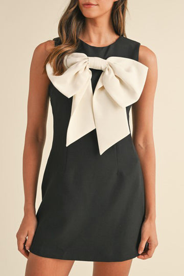 Black Contrast Bowknot Applique Crew Neck Sleeveless Mini Dress eAura