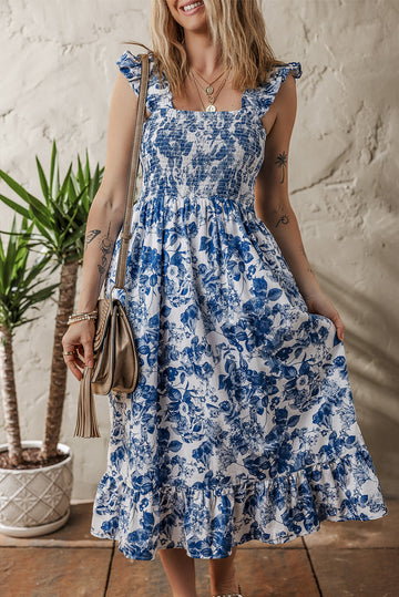 Blue Floral Ruffle Strap Square Neck Smocked Bodice Midi Dress eAura