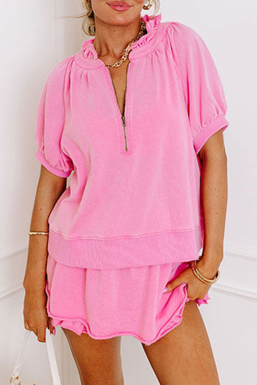 Pink Half Zip Puff Sleeve Top and Ruffled Shorts Set eAura