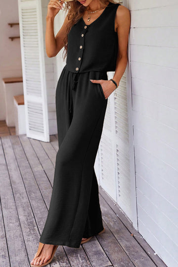 Black Buttoned Vest Drawstring Wide Leg Trousers Co-ord Set eAura