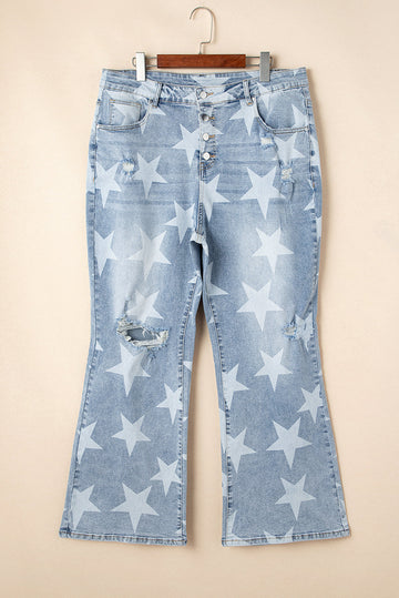 Sky Blue Star Printed Multi Buttons Slit Knee Destroyed Plus Size Jeans BB Fashion Outlet