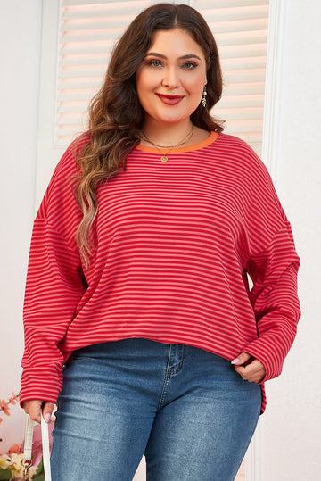 Orange Stripe Plus Size Drop Shoulder Long Sleeve Buttoned Decor Top BB Fashion Outlet