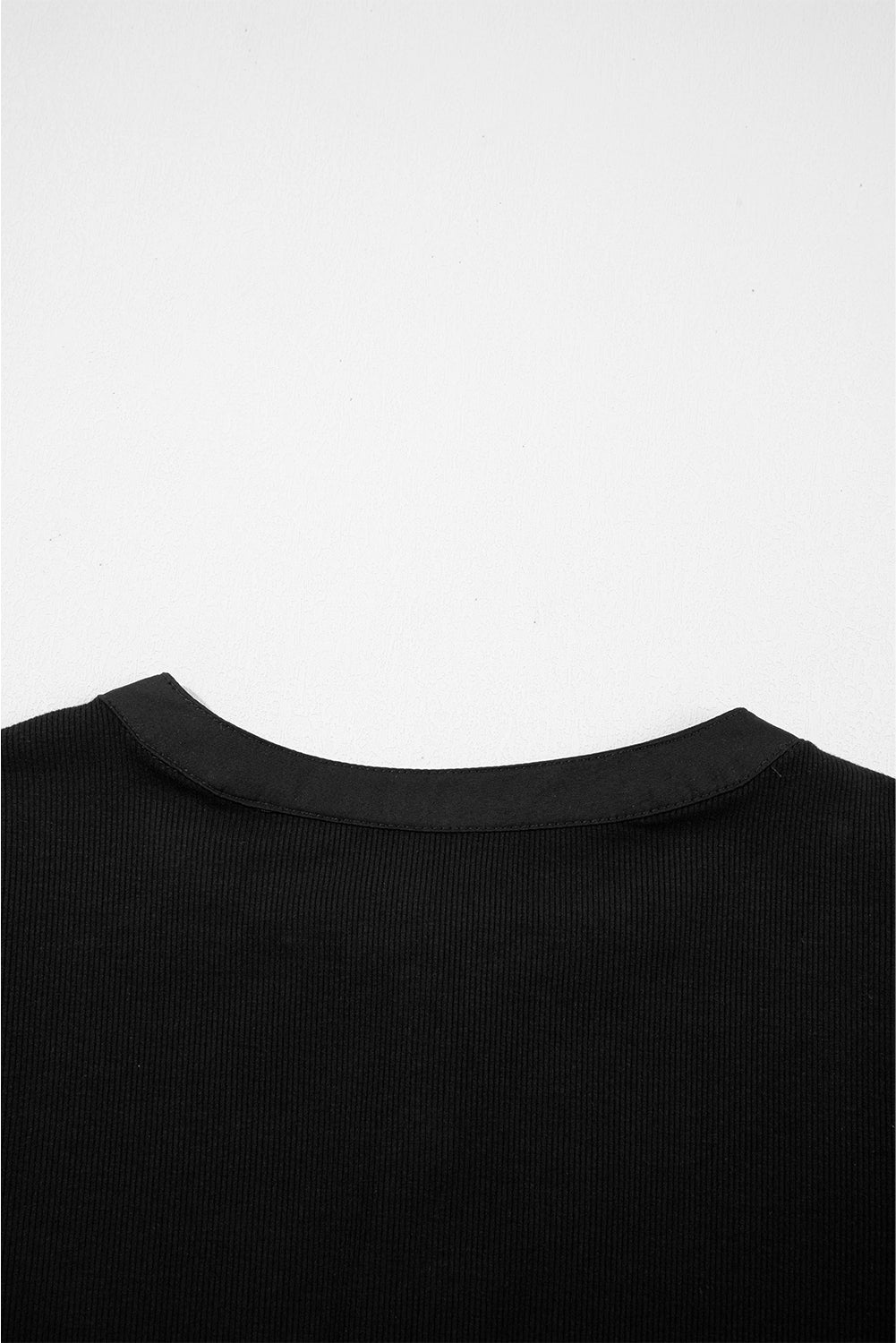 Black Ribbed Patchwork Puff Sleeve Half Button Placket Slim Fit Top eAura