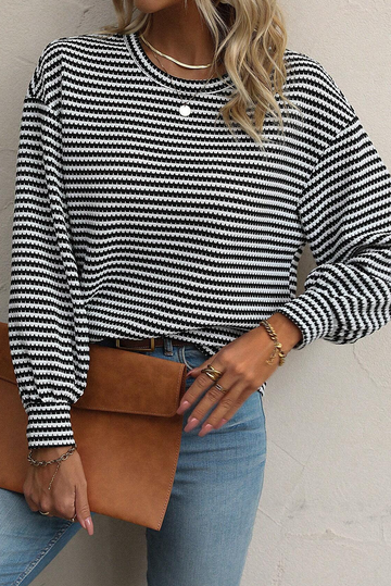 Rose Stripe Round Neck Drop Shoulder Long Sleeve Top Beagle Boutique Fashion Outlet