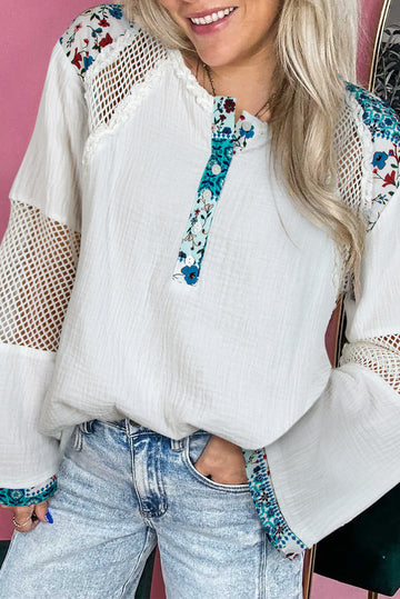 White Mesh Patched Half Button Blouse - eAura