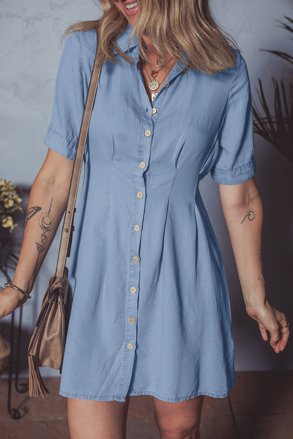 Myosotis Denim Pleated Slim Waist Short Sleeve Shirt Dress eAura