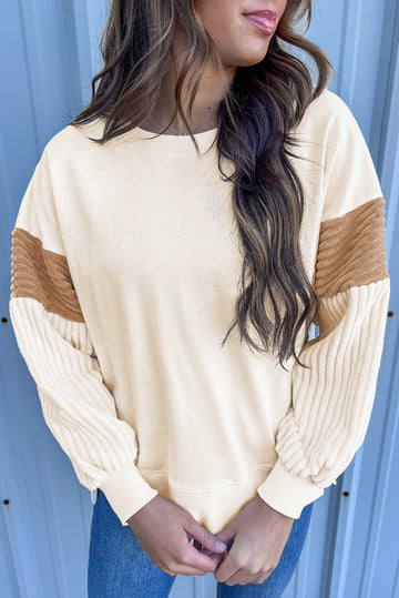 Apricot Corduroy Patchwork Drop Shoulder Long Sleeve Sweatshirt eAura