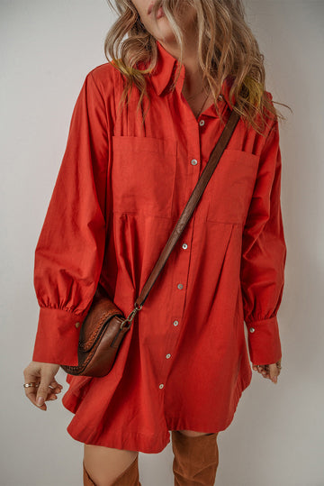 Tomato Red Bishop Sleeve Button Up Pleated Mini Shirt Dress eAura