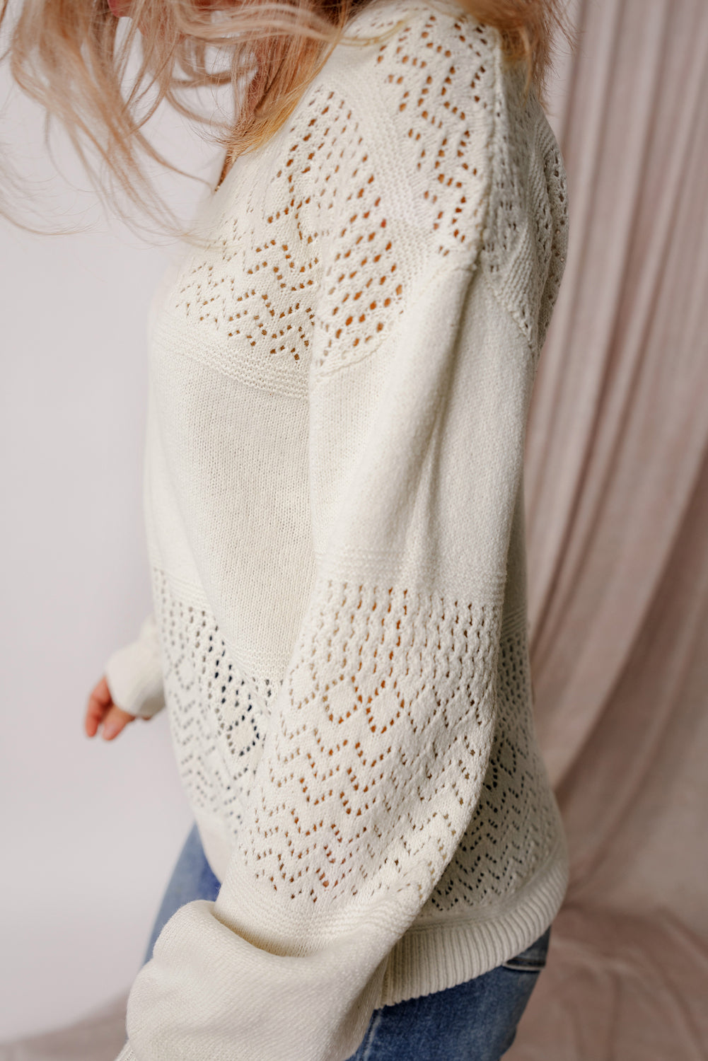 Black Eyelet Pattern Detail V Neck Drop Shoulder Sweater eAura