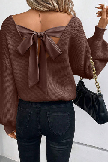 Coffee Lantern Sleeve V Neck Knot Back Sweater eAura