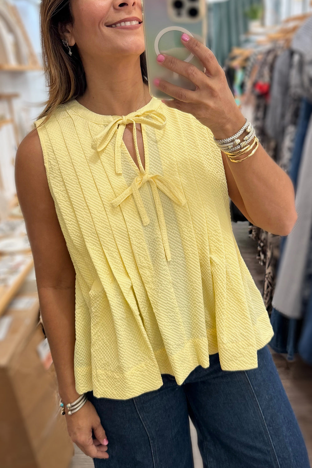 Yellow Cream Bow Tie Notched Neck Pleated Sleeveless Top eAura