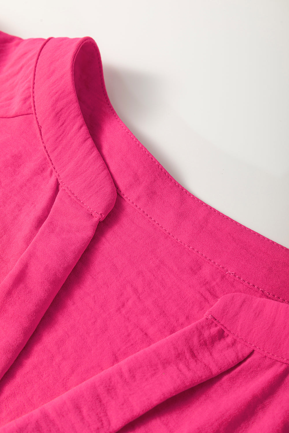 Rose Red Solid Colour Shirred Cuff Notch V Neck Blouse eAura