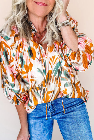 Yellow Abstract Print Drawstring Frilled V Neck 3/4 Sleeve Blouse eAura