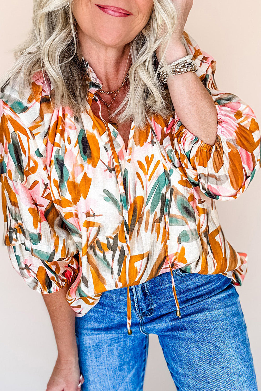 Yellow Abstract Print Drawstring Frilled V Neck 3/4 Sleeve Blouse eAura