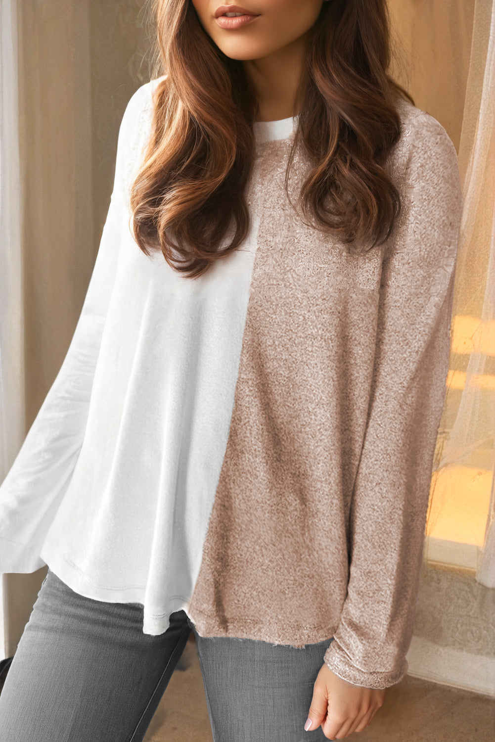 Khaki Colourblock Long Sleeve Crew Neck Top eAura