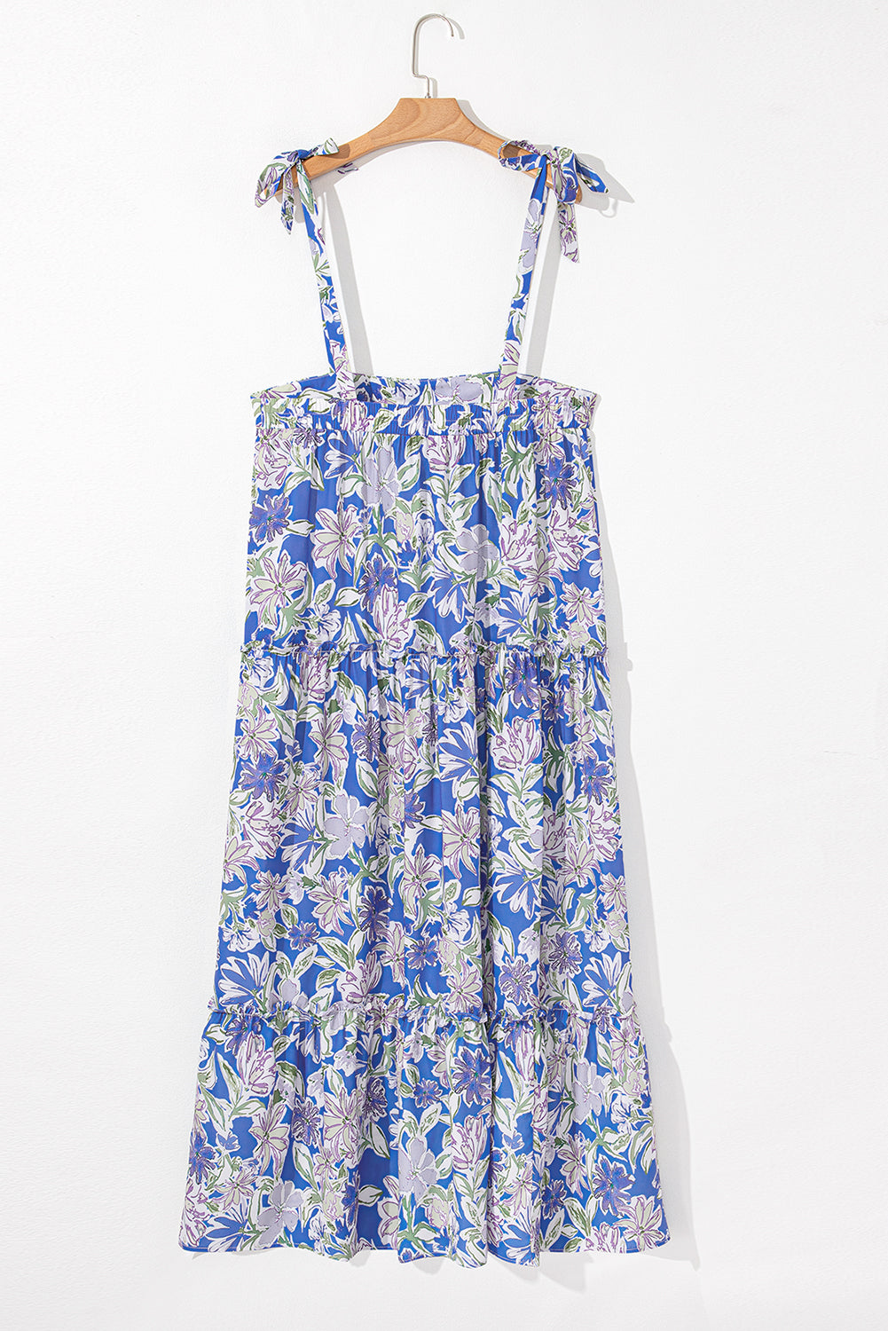 Sky Blue Floral Print Self-tie Straps Flowy Ruffle Long Dress eAura