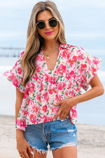 Pink Floral Boxy Fit Ruffled Short Sleeve V Neck Blouse eAura