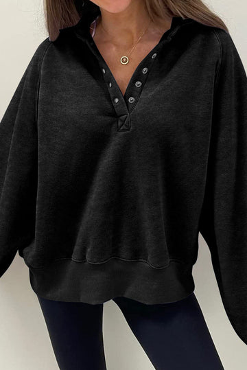 Black Solid Snap Buttons Collared Balloon Sleeve Oversized Sweatshirt eAura