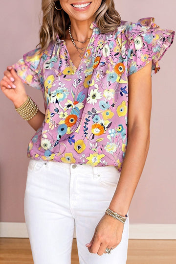 Pink Flutter Sleeve V Neck Floral Top eAura