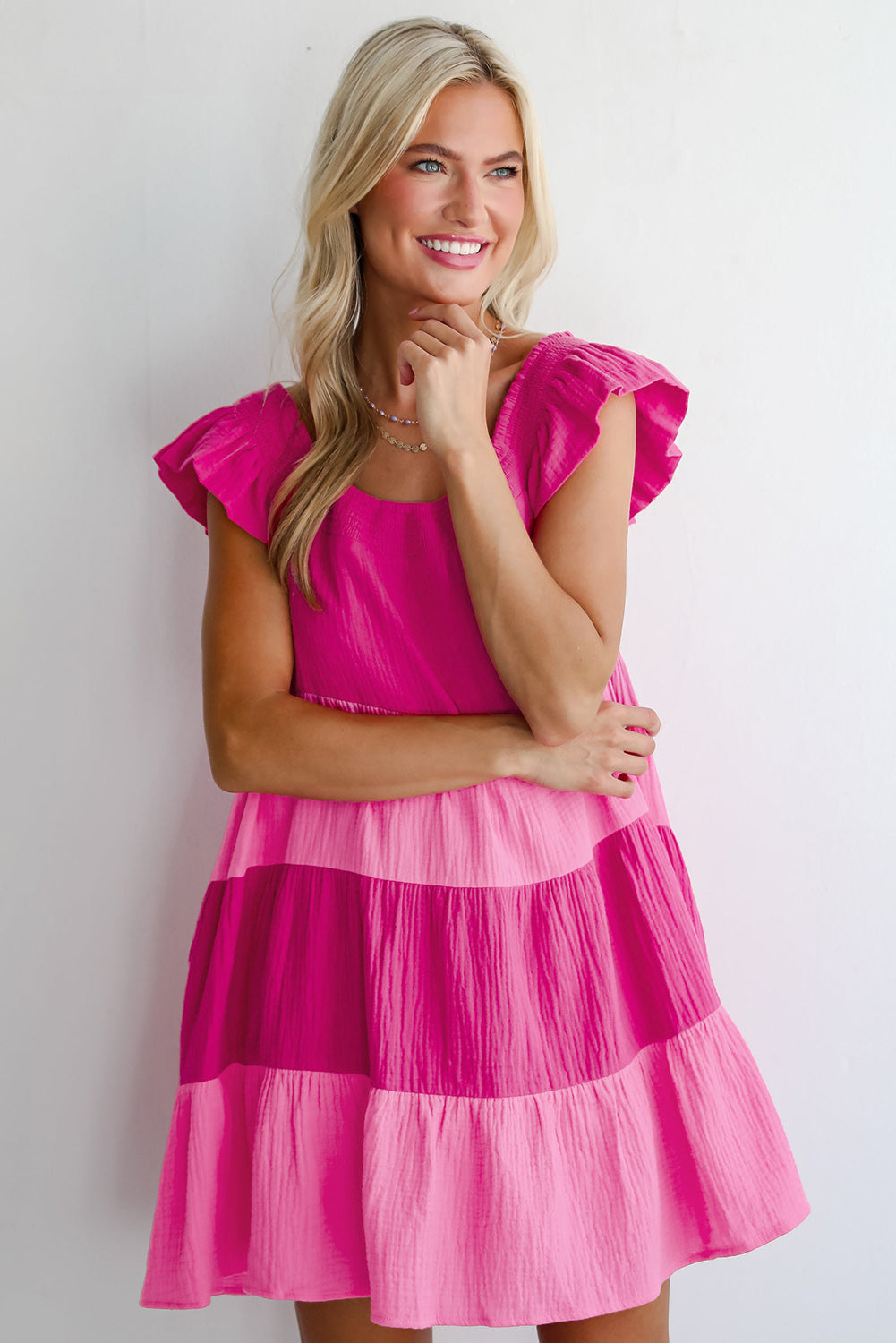 Pink Crinkled Colourblock Patchwork Flutter Tiered Mini Dress eAura