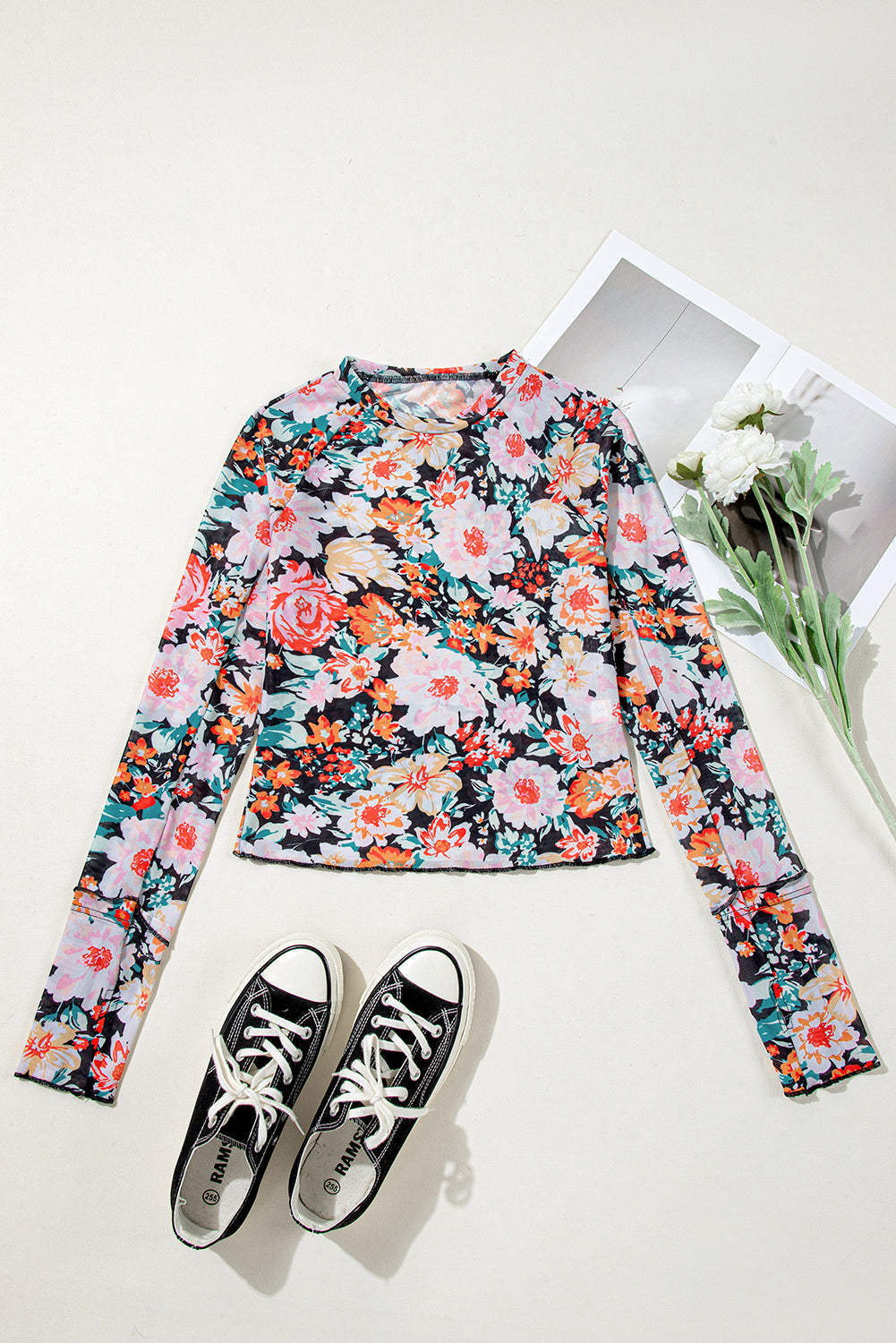 Orange Floral Mesh Slim Long Sleeve Crop Top eAura