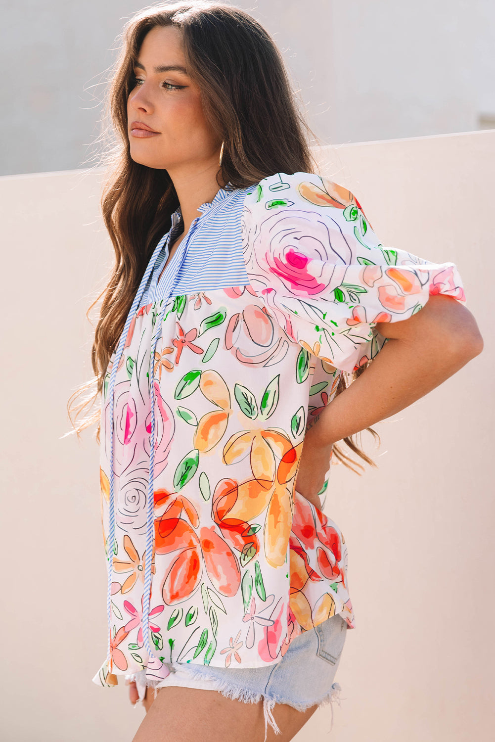 Multicolour Floral Print Striped Yoke Frilled V Neck Puff Short Sleeve Blouse eAura
