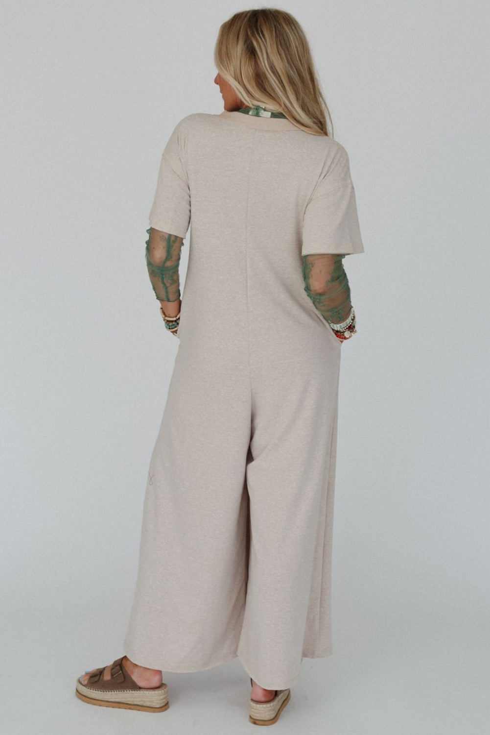Beige Half Placket Chest Pockets Short Sleeve Wide Leg Jumpsuit eAura