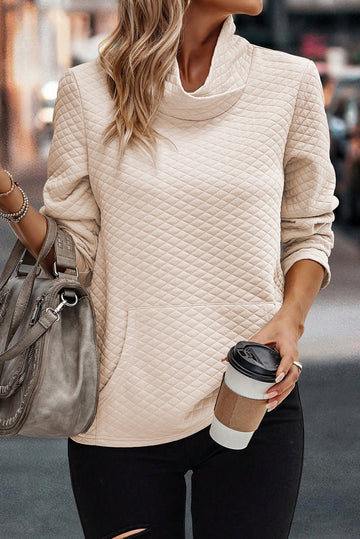 Apricot High Neck Kangaroo Pocket Quilted Sweatshirt BB Fashion Outlet