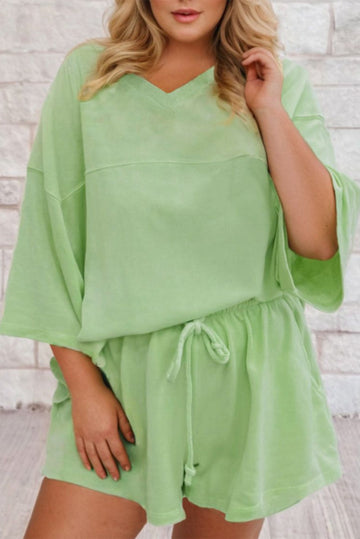 Green Plus Size V-Neck Drop Shoulder Tee Loose Shorts 2pcs Co-ord Outfit BB Fashion Outlet