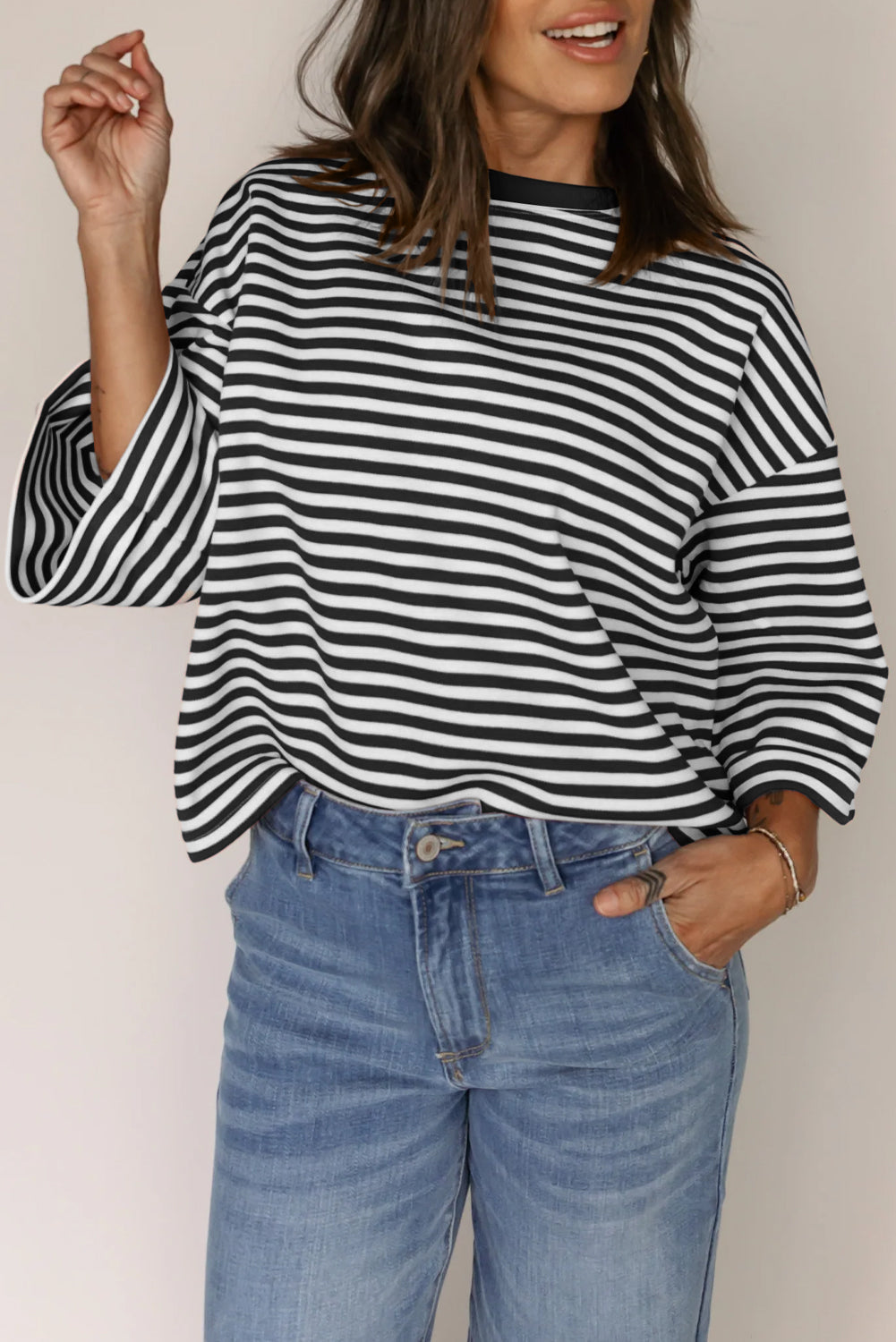 Black Stripe Bowknot Cutout Back Drop Shoulder Wide Bracelet Sleeve Loose Tee eAura
