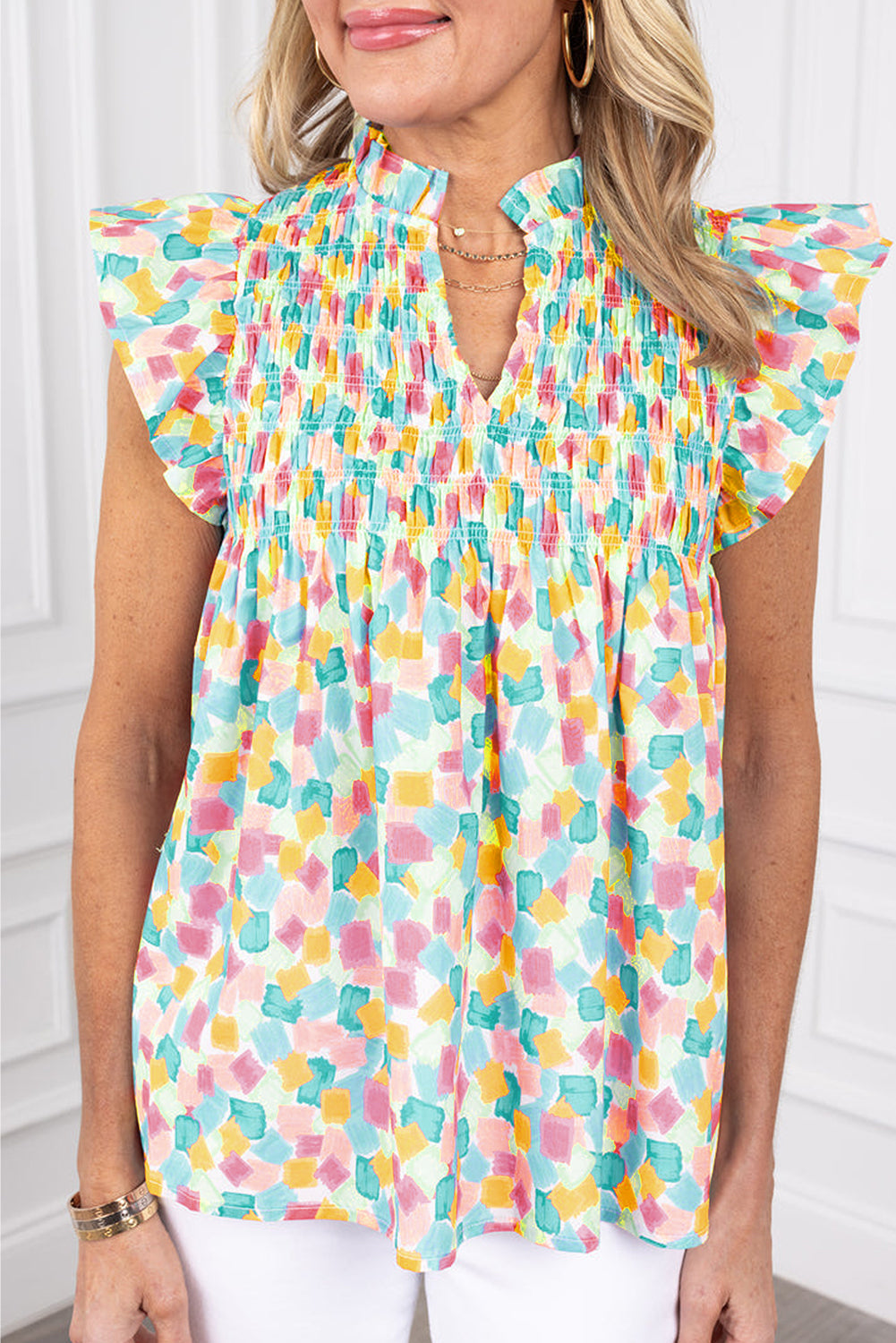 Pink Shirred Yoke Ruffled Abstract Printed Blouse eAura