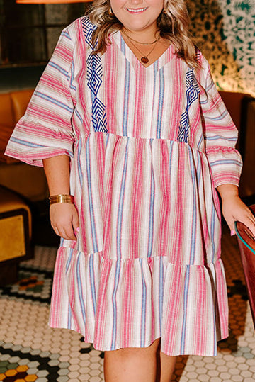 White Stripe Plus Size Embroidered Detail Flared 3/4 Sleeve V Neck Dress BB Fashion Outlet