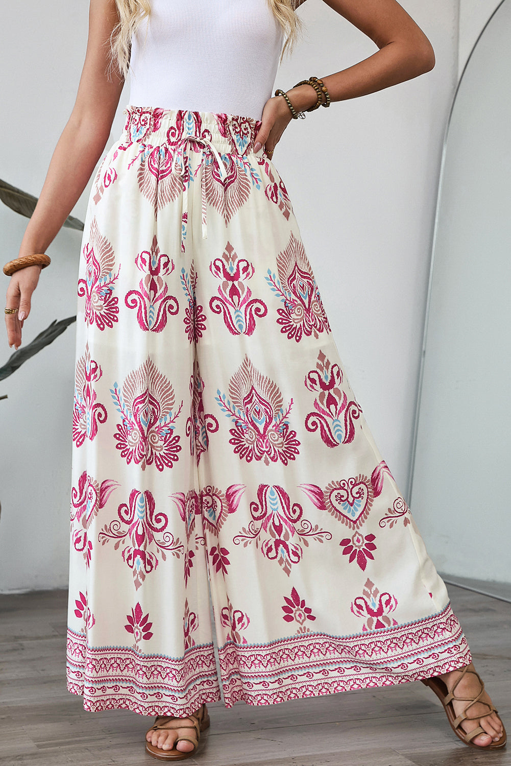 Rose Boho Print Shirred High Waist Wide Leg Trousers eAura