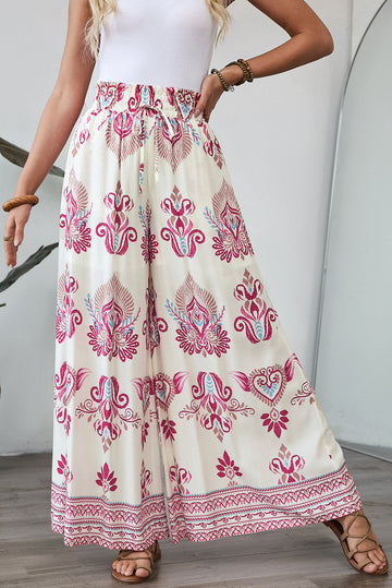 Rose Boho Print Shirred High Waist Wide Leg Trousers eAura