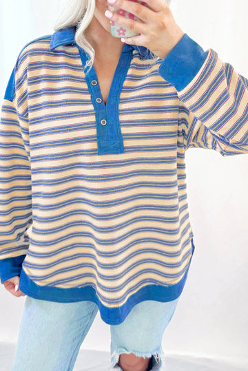 Blue Stripe Buttoned V Neck Collared Drop Shoulder Top BB Fashion Outlet