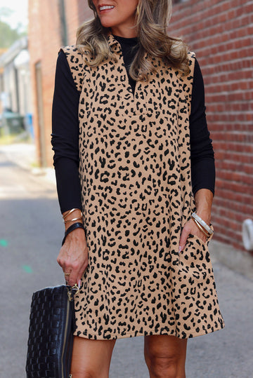 Khaki Leopard Print V Neck Sleeveless Collared Mini Dress eAura