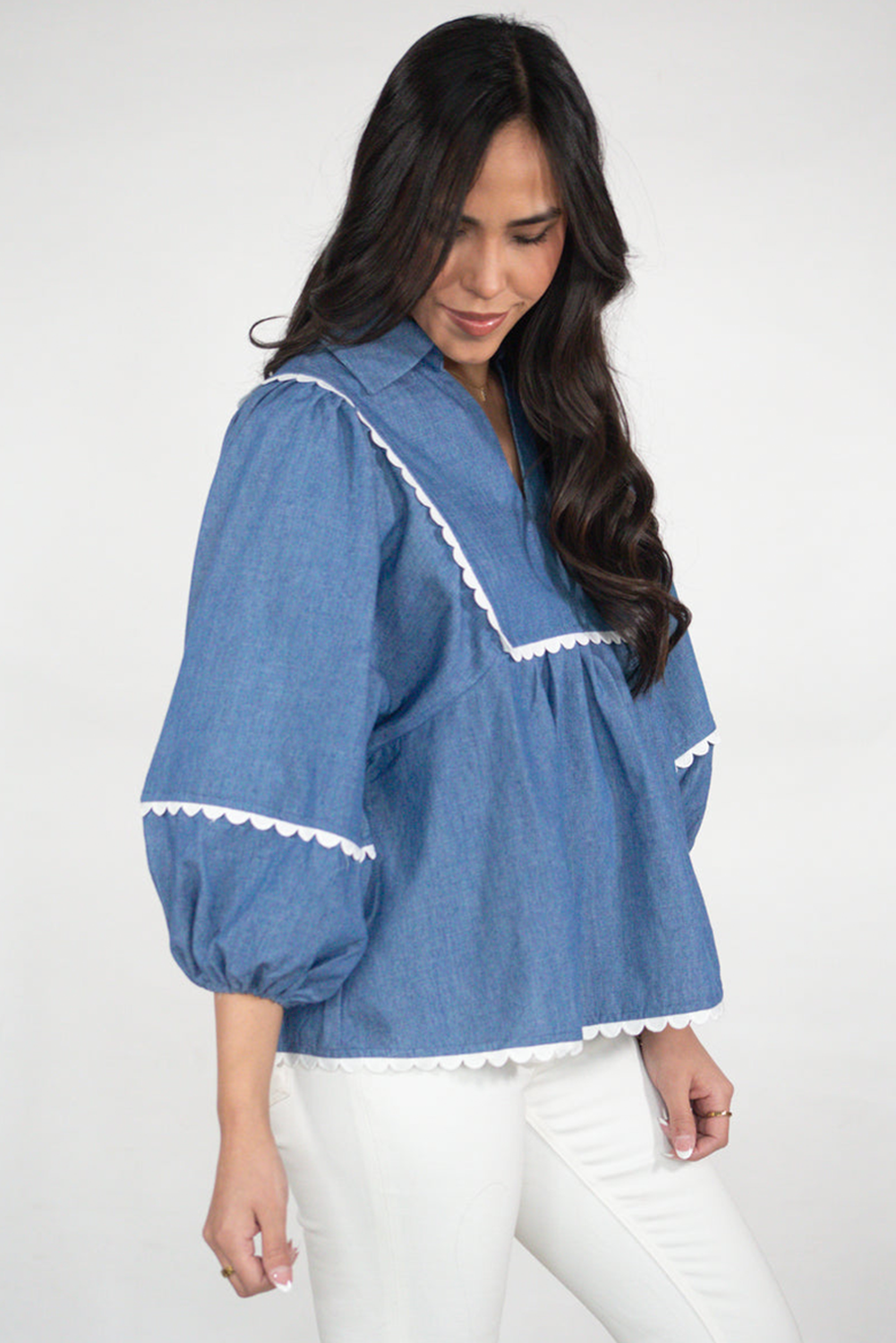 Dusk Blue Lace Ric Rac 3/4 Puff Sleeve Collared Babydoll Blouse eAura
