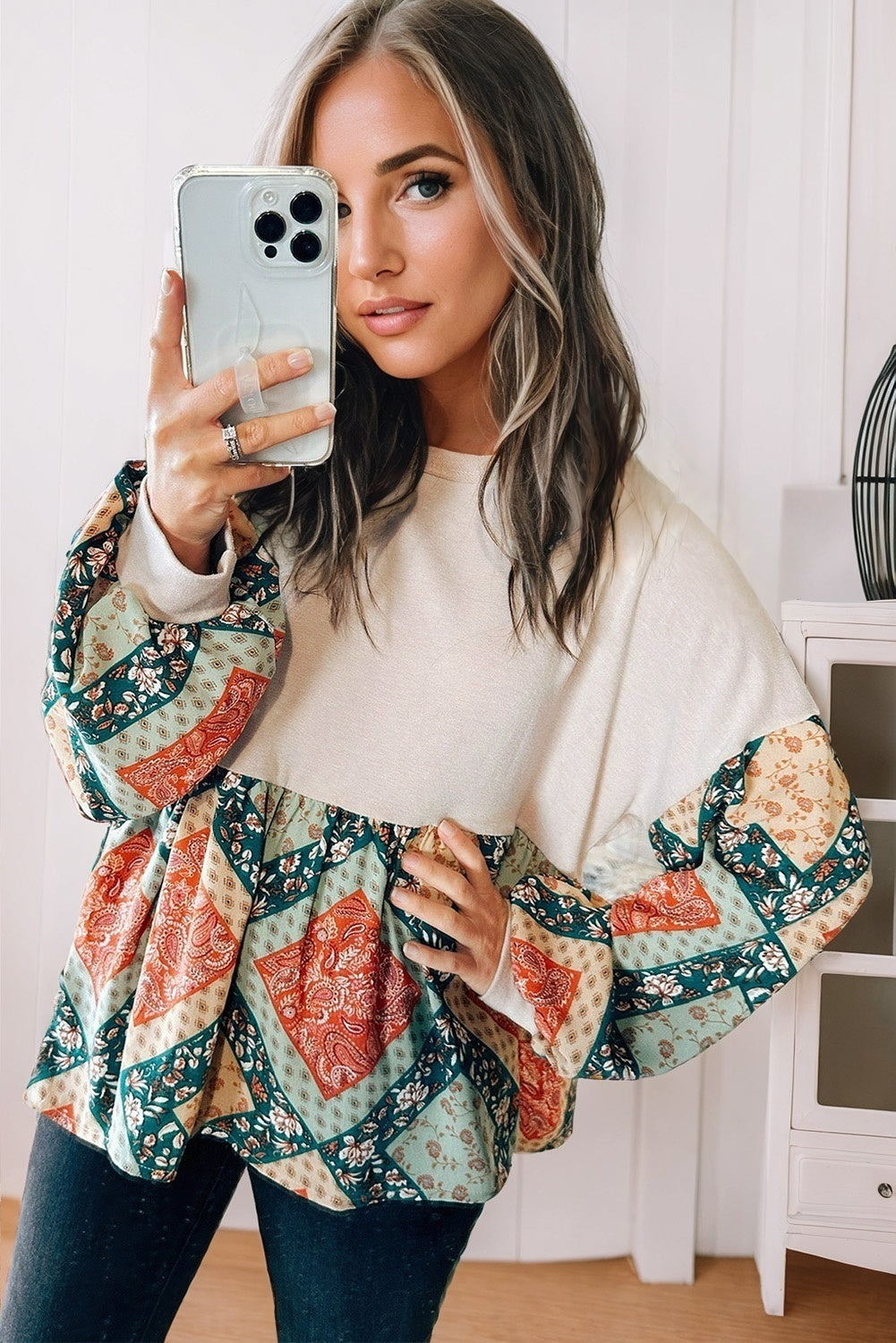 Jet Stream Paisley Geometric Patchwork Crew Neck Loose Fit Top eAura