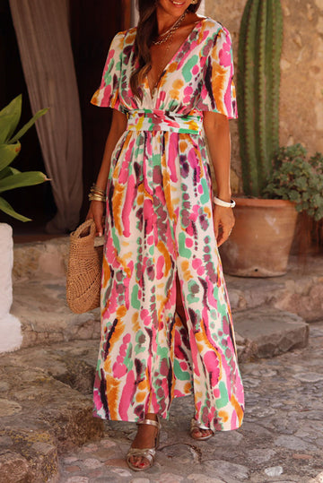 Pink Boho Tie-dye Print V Neck Maxi Dress eAura