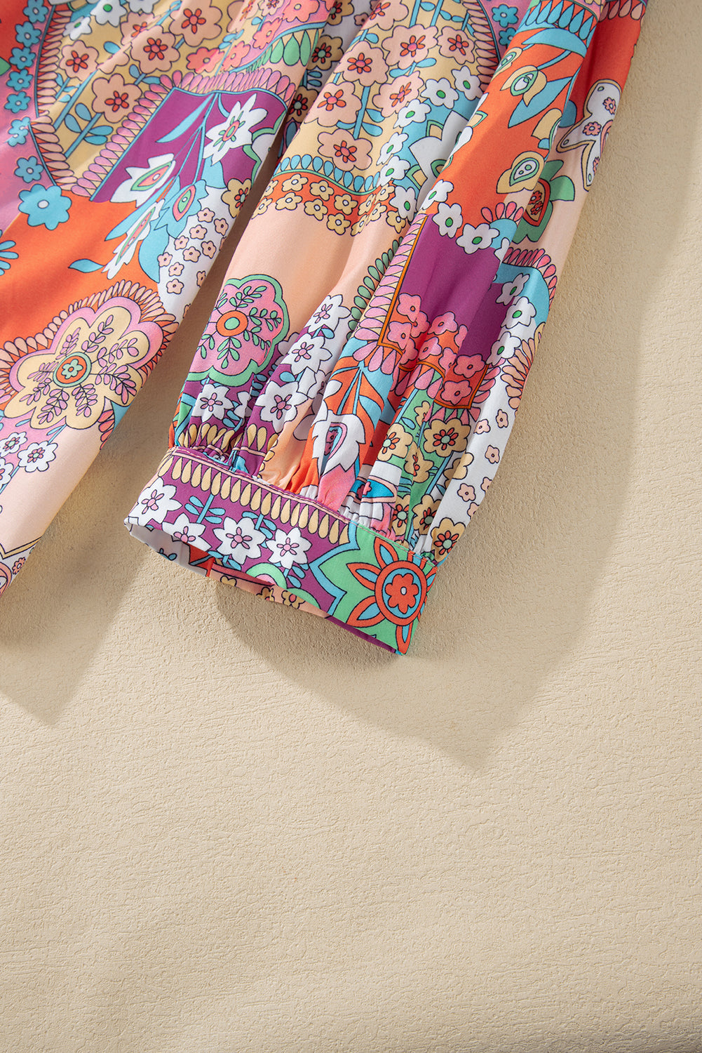 Multicolour Boho Floral Bubble Sleeve Tassel Tied Neck Pleated Blouse eAura