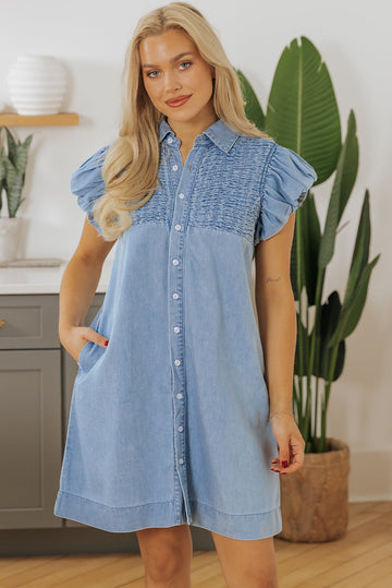 Beau Blue Flutter Sleeve Shirred Detail Button Up Denim Mini Dress eAura